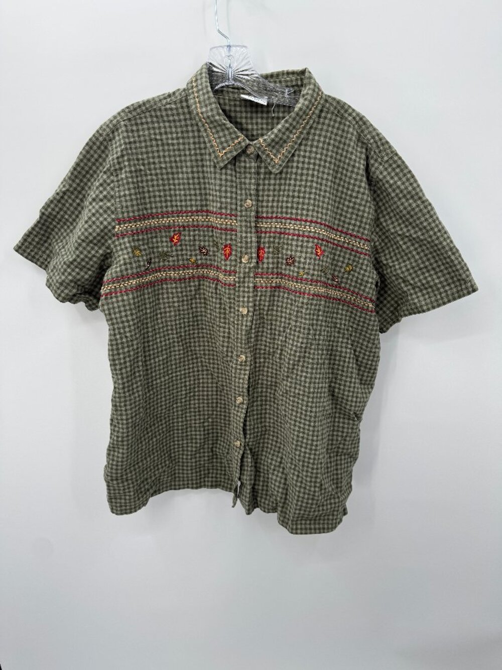 Vintage Bobbie Brooks Woman Gingham Autumn Leaves Embroidered Shirt 1X Olive